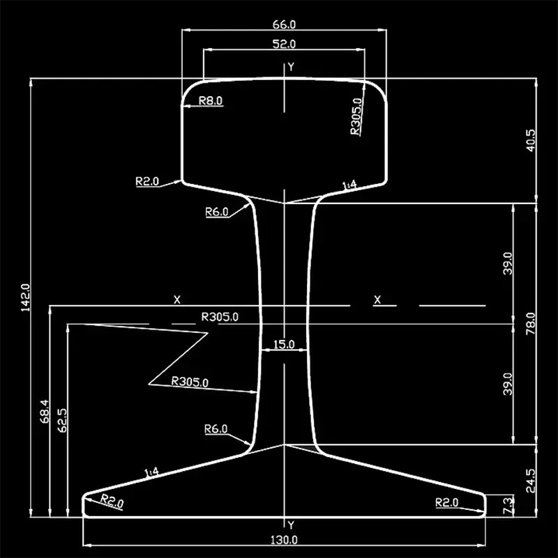 Technical drawing of 45E3 rail (RN45) showing cross-sectional dimensions including height, head width, and base width.