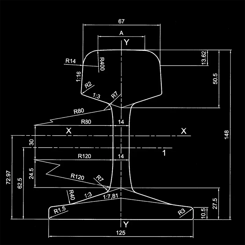 49E2 rail cross section with detailed dimensions in mm