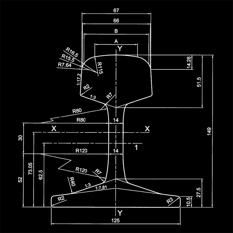 49E5 rail profile drawing showing rail height and head width