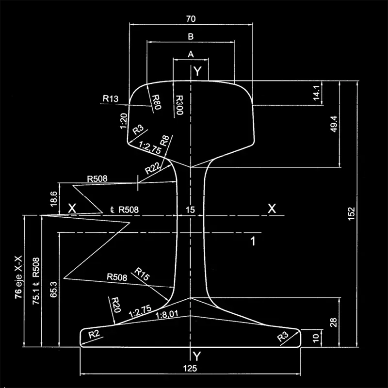 Technical cross section of 50E4 rail with labeled dimensions