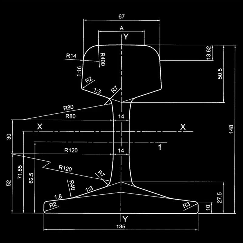 50E5 rail profile diagram with head, web, and base width