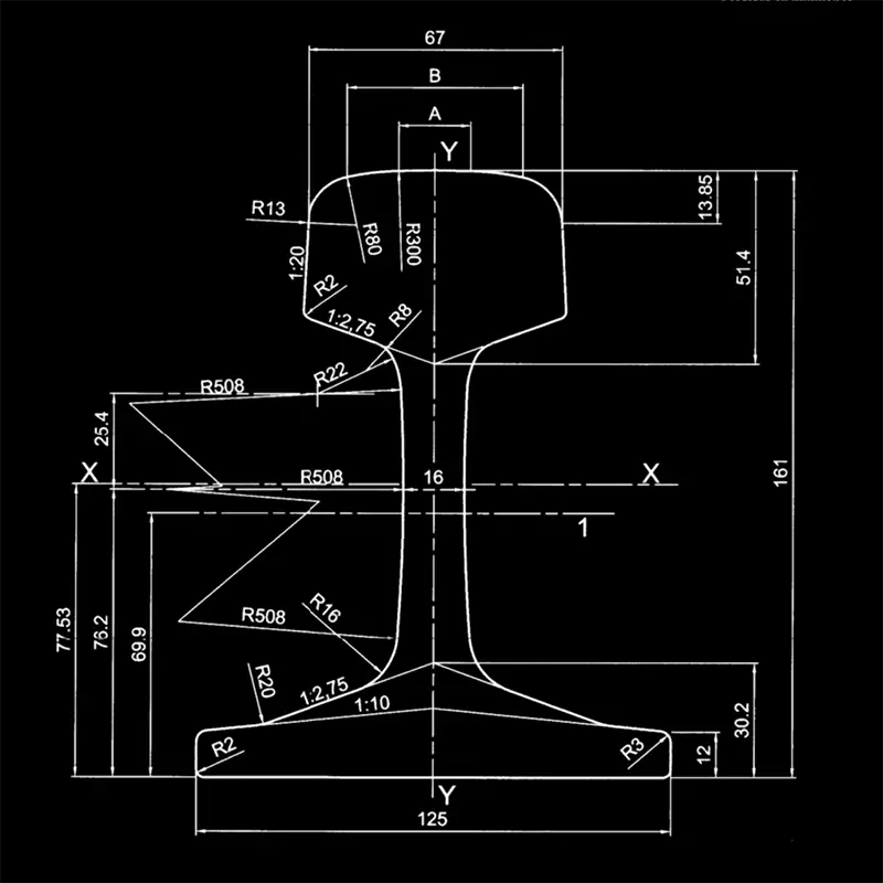 54E2 (UIC54E) rail profile with accurate size markings