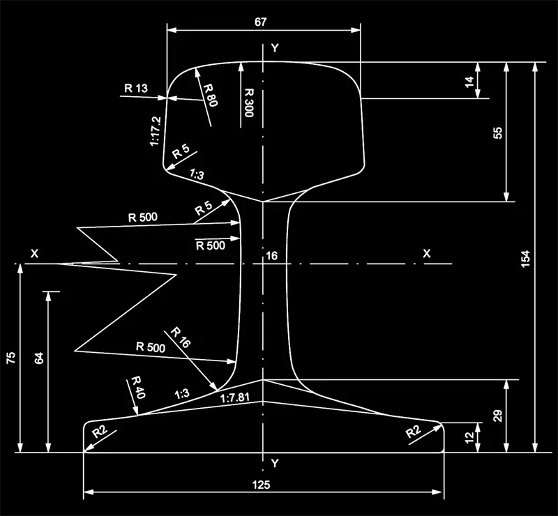 DINS54 (54E3) rail technical drawing with profile dimensions