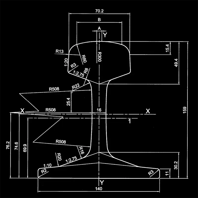 54E5 (54E1AHC) rail profile view with size annotations