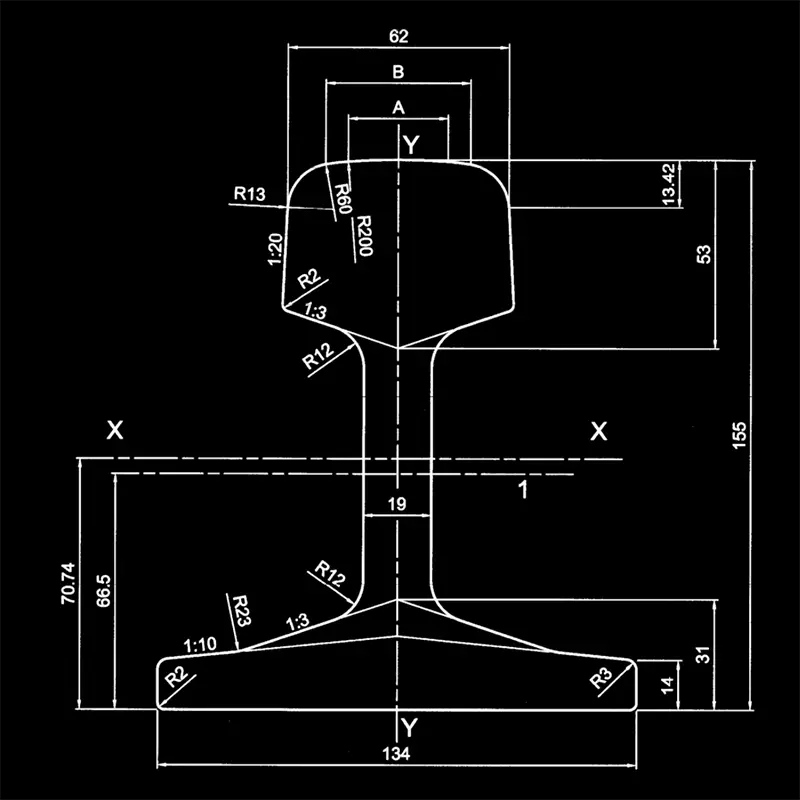 55E1 rail section drawing with head and base dimensions