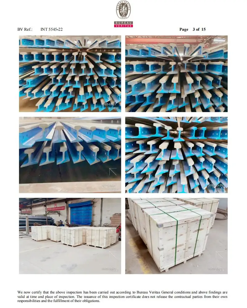 BV test report showing coating and dimensional results for Jurong Port RMC project rails
