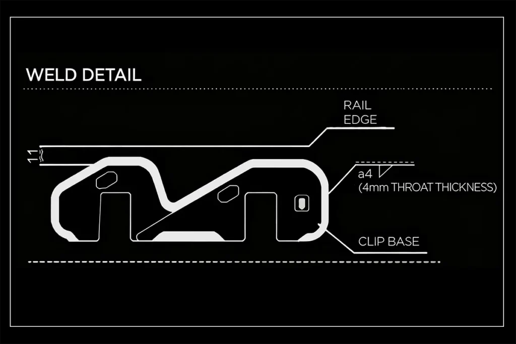 Weld detail explains rail clip’s 4mm throat thickness