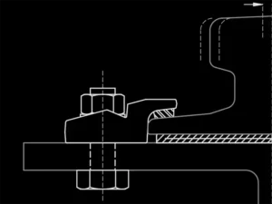 Side view of bolted rail clip installation on rail bottom flange