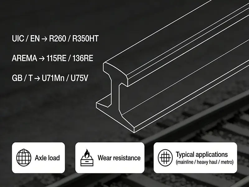 Comparison of railroad track steel grades under UIC, AREMA, and GB standards for different axle loads and applications