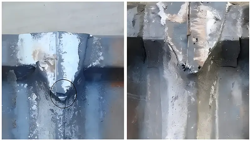 Thermal cracks in rail thermite weld