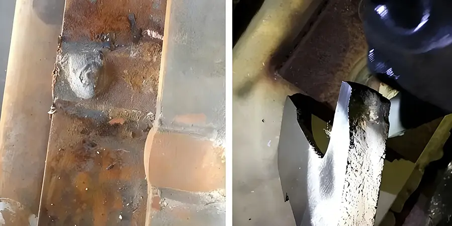 Rail thermite welding defects with sand inclusion