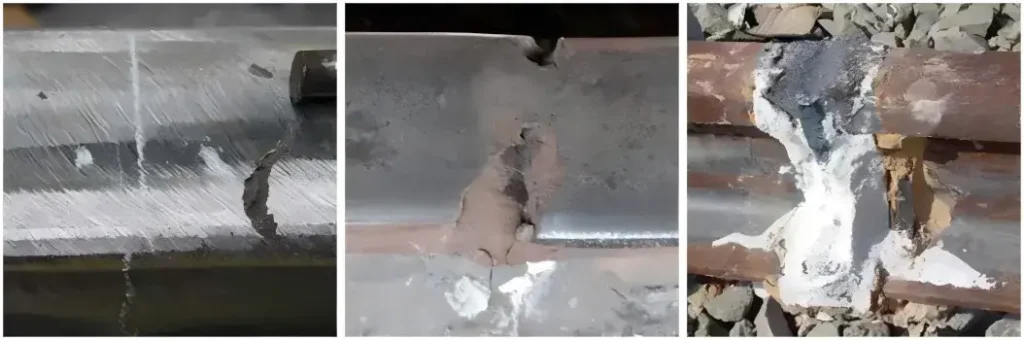 Rail thermite welding defects with slag inclusion in weld