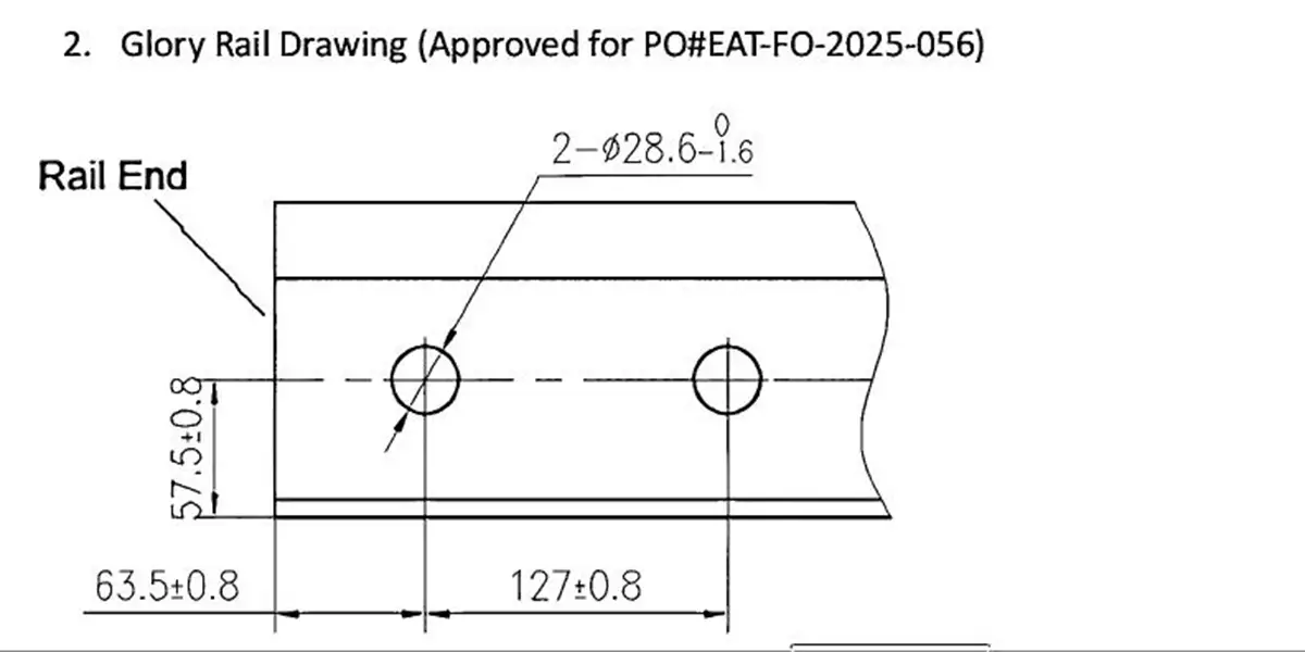 ASCE 85 rail stock drawing with fishplate holes for industrial rail installation