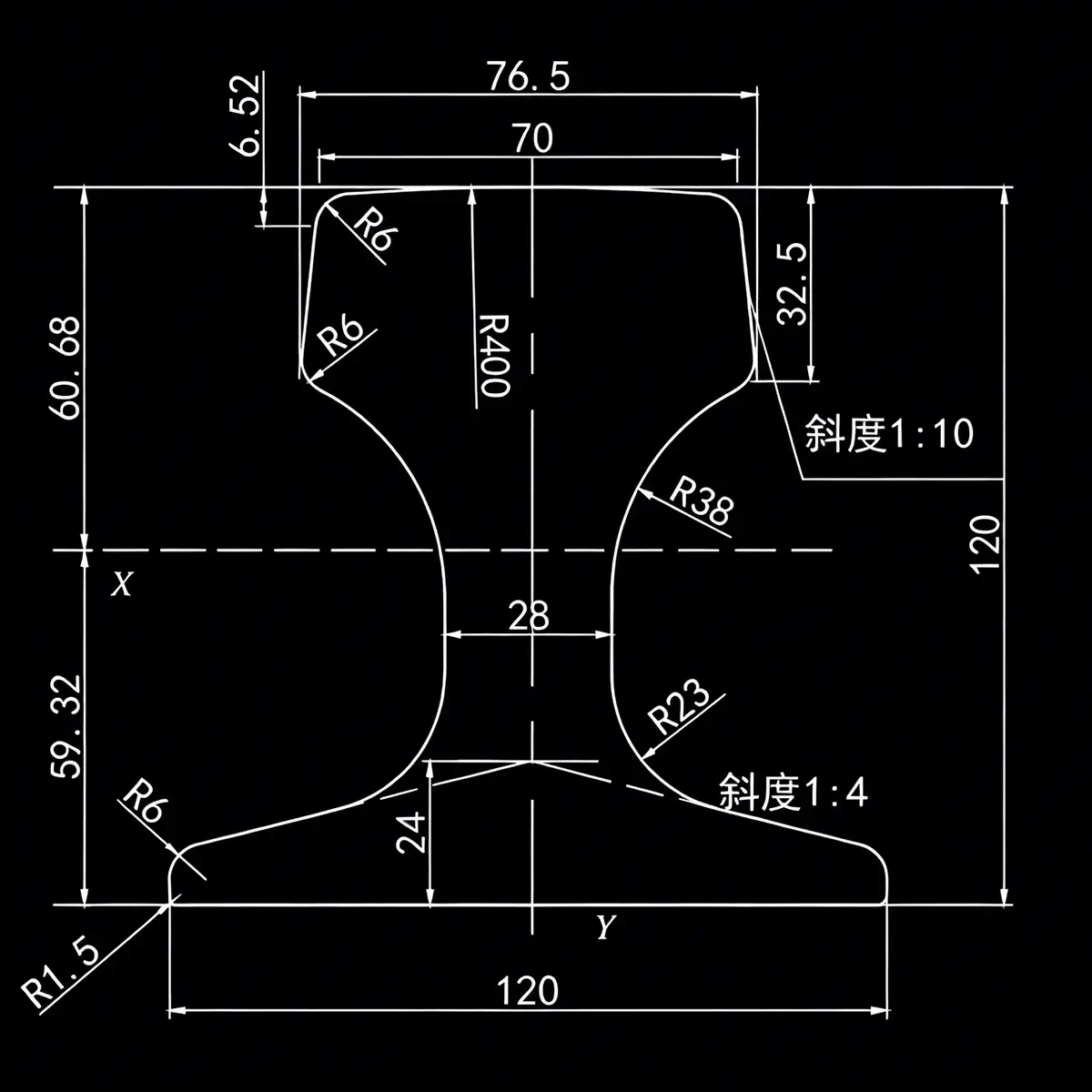 QU70 crane rail cross-section drawing – head 70mm, height 120mm, web 28mm