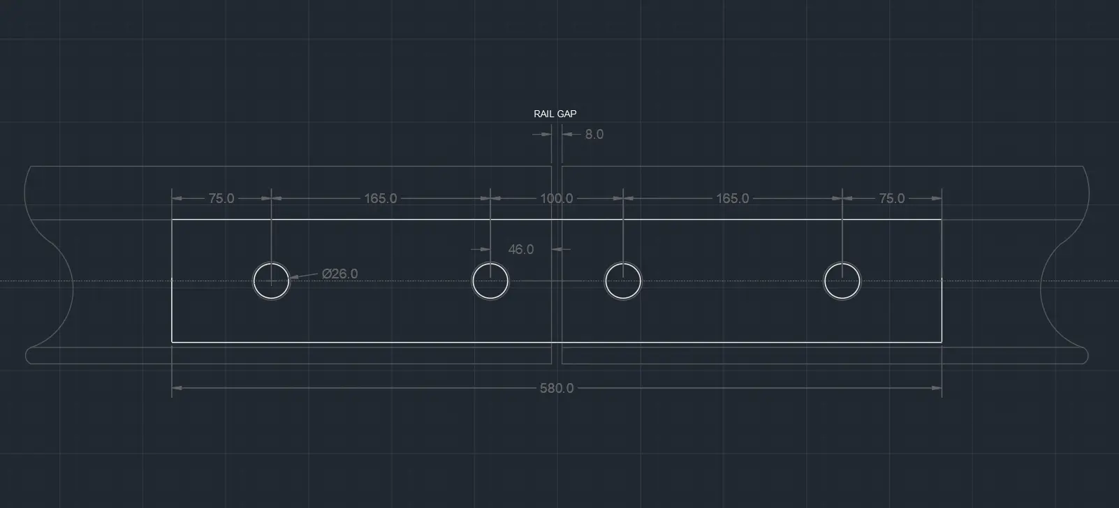 Rail end hole positioning drawing for S49 rail installation