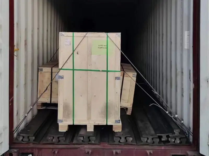 A75 crane rail and fastening components secured in a shipping container for delivery to Ecuador