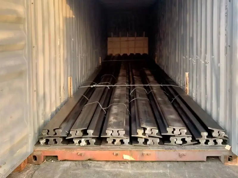 A75 crane rails secured in a shipping container for delivery to Vietnam