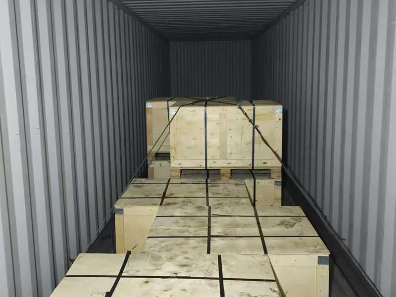 CR73 crane rail and accessories secured inside a shipping container