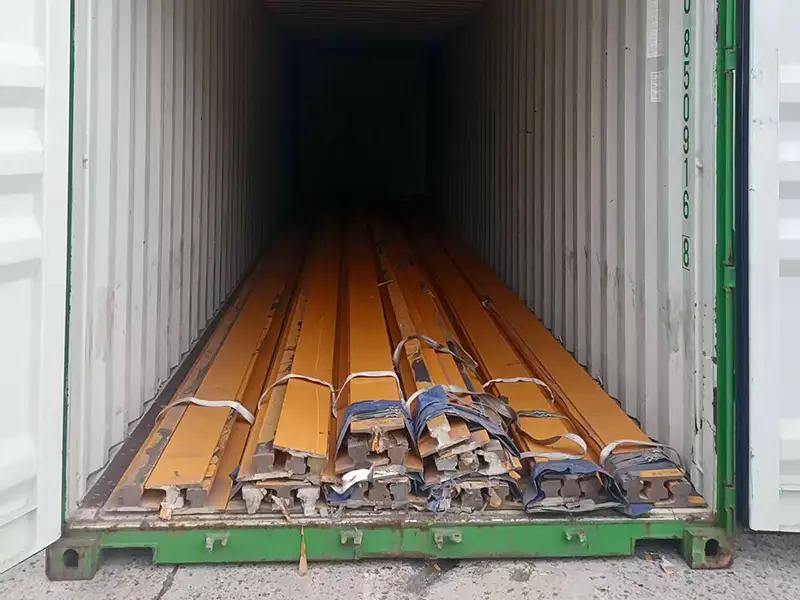 Painted A55 crane rail loaded in a shipping container for export